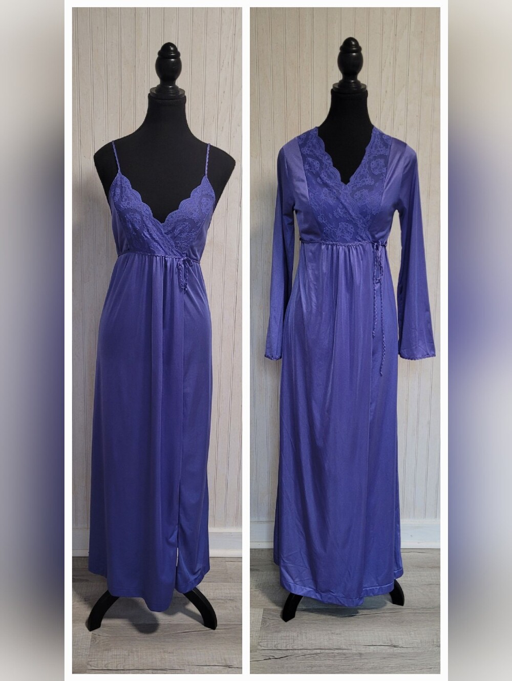​Vintage 1970s Gilead Royal Blue Lace Maxi Nightgown Robe Peignoir Set- Petite